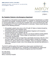 Letter Re Paediatric Cases in MUH Emergency Department