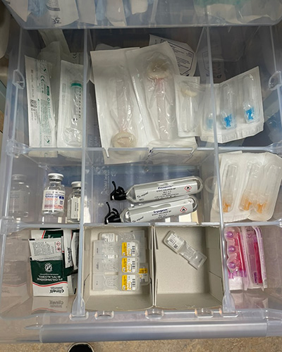 Needles, syringes, local anaesthetic, cleaning