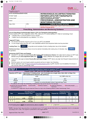 CUH IV Heparin Prescription Chart