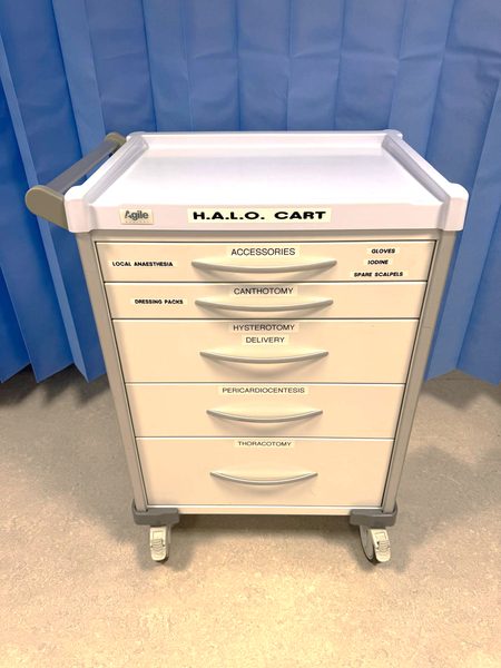 H.A.L.O. cart with drawers labelled Accessories, Canthotomy, Hysterotomy Delivery, Pericardiocentesis, Thoracotomy
